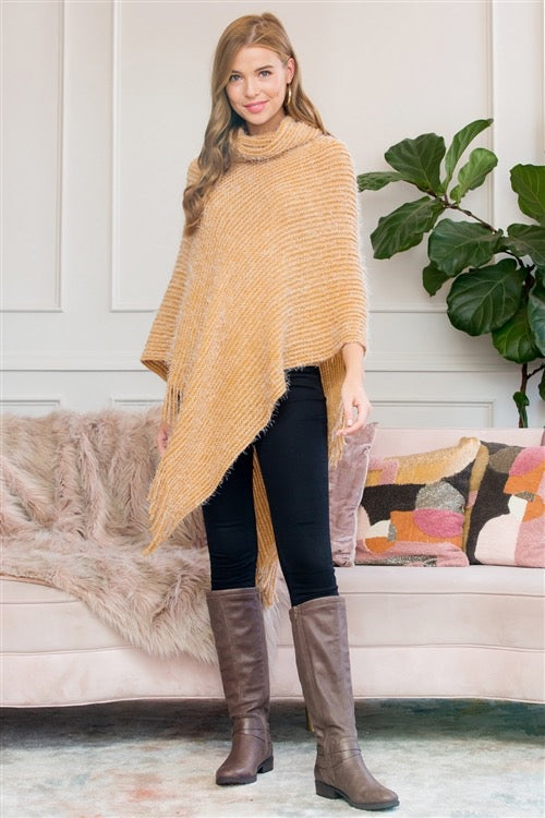 Khaki Ultra Soft Turtle Neck Fringe Poncho (ONE SIZE)